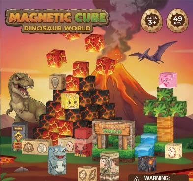 burgkidz Dinosaur Volcano Magnetic Blocks: 360g Portable Tin Case, N32 Strong Magnets, 4-Scene Storybook – Quiet STEM Travel Toy for Road Trip & Airplane, 49 PCS Building Set, Gift for Kids Ages 3-8
