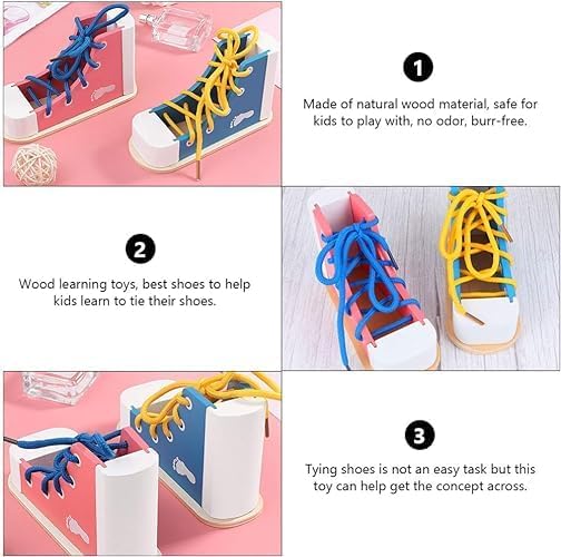 Mikily's Learn to Tie Shoes for Kids - Wooden Lacing Toy Shoe Tying & Practice Kit - Knot Tying Tool, Pick&blue