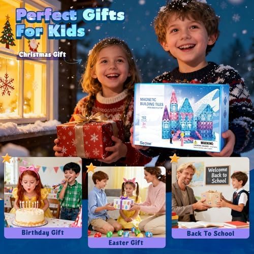 Magnetic Tiles 102pcs with 2 Stairs 2 Dolls Princess Castle Building Toys | Girls Toys Age 4-5 6-8 Magnetic Blocks Birthday Xmas Gifts Girls Toys for 3 4 5 6 7 8+ Year Old
