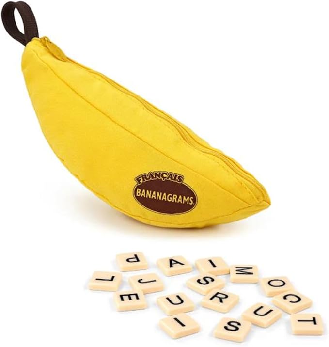 Bananagrams Tile Game, French Edition, 144 Letter Tiles | Portable banana-shaped bag, builds word skills; French-language word game for kids and adults