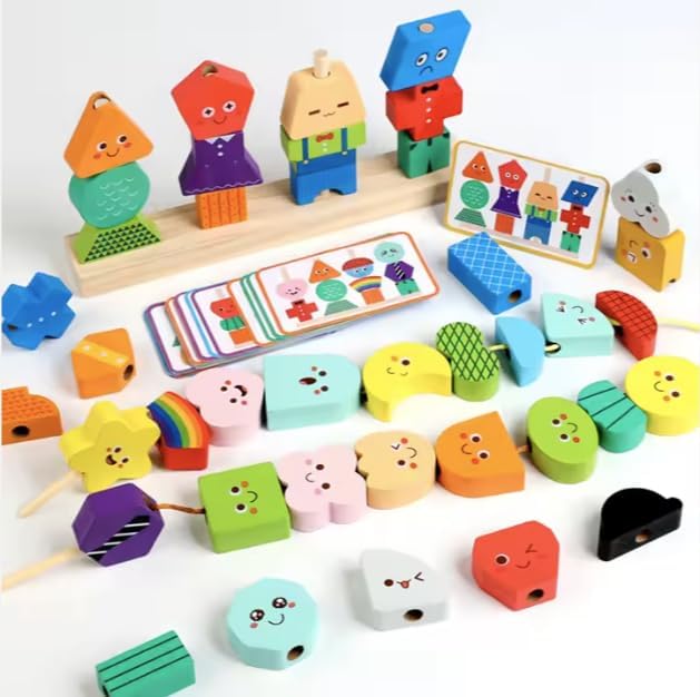Montessori Wooden Stacking Lacing Beads Toy, STEM Sequencing Ages 3+