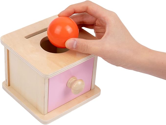 Adena Montessori Pink Wooden Coin Box 2 in 1 Object Permanence Toy 6+ Mo | Includes 6 colorful wood discs and a ball, works as color shape sorter and baby toy storage, smooth burr-free linden wood