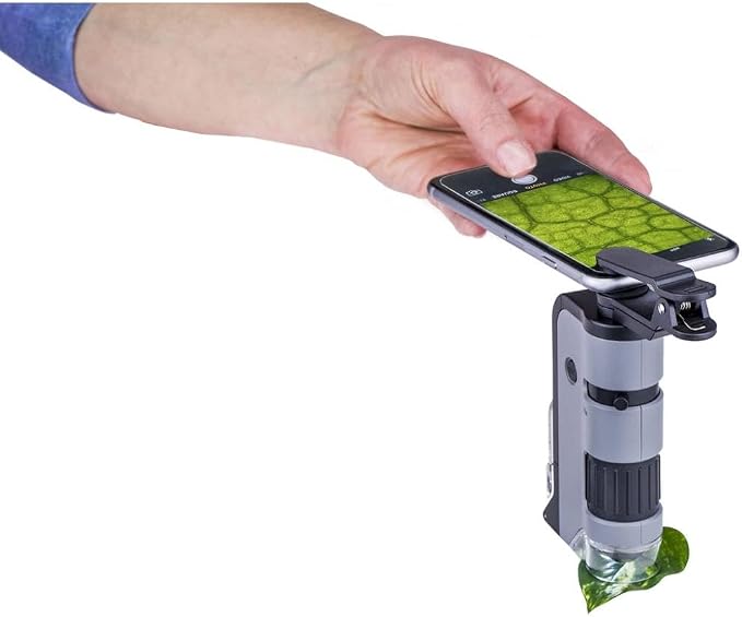 Carson MicroFlip 100x-250x, LED UV Pocket Microscope with Smartphone Clip, STEM Education (MP-250) | STEM Handheld Microscope with Smartphone Adapter Clip for Digiscoping, Flip Down Slide Base (MP-250)