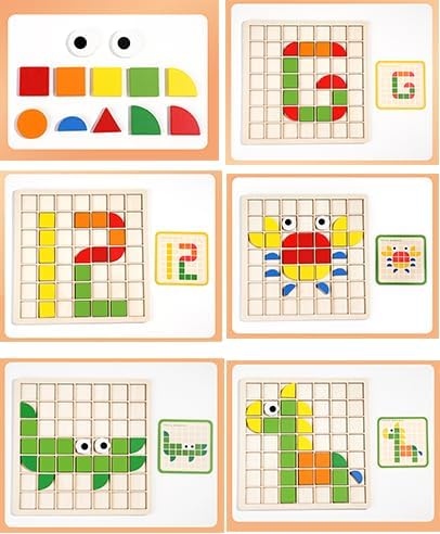 Wooden Pattern Blocks Set 120 Pcs Geometric Shapes Puzzle Classic Montessori Educational Tangram Toys with 24 Design Cards for 4-8 Year Old Kids