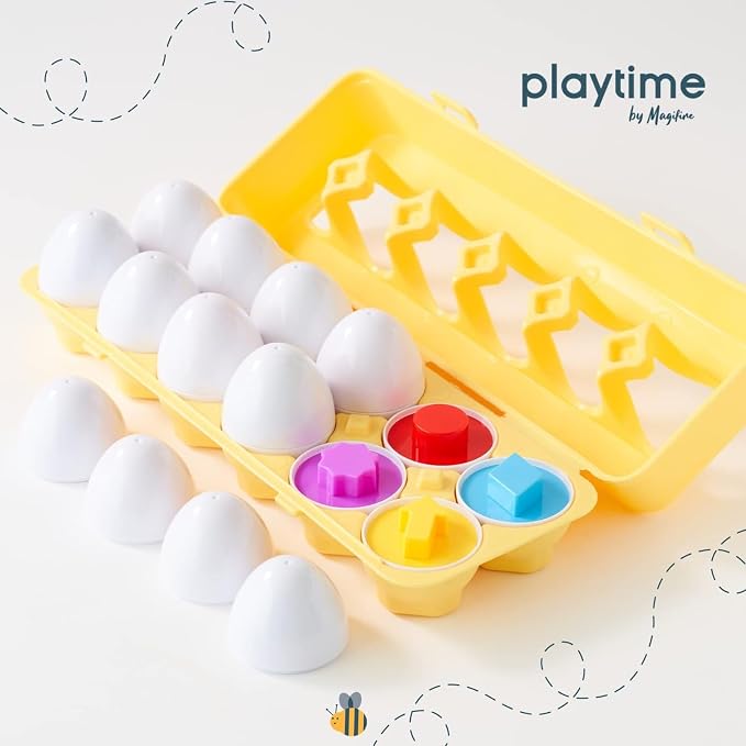 MAGIFIRE Toy Eggs for Toddlers 1-3 - 12 Matching Plastic Eggs, Assorted Colors and Shapes - Fun Gift for Toddlers - Montessori Matching and Sorting Set - STEM Educational Toy