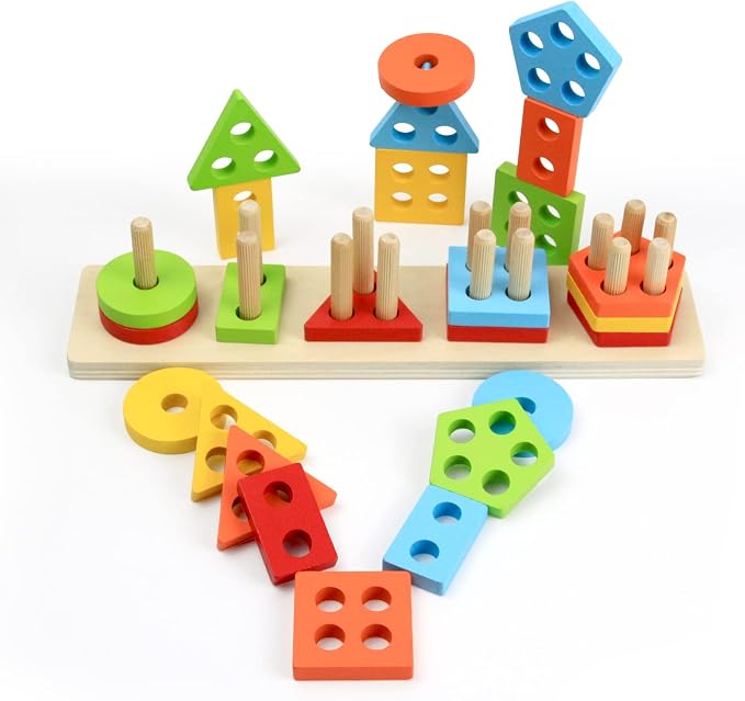 Wood City Wooden Montessori Toys for 1 2 3 Year Old Boys Girls Toddlers, Sorting & Stacking Toys for Toddlers and Kids Preschool, Educational Color Recognition Shape Sorter, Learning Puzzles Gift