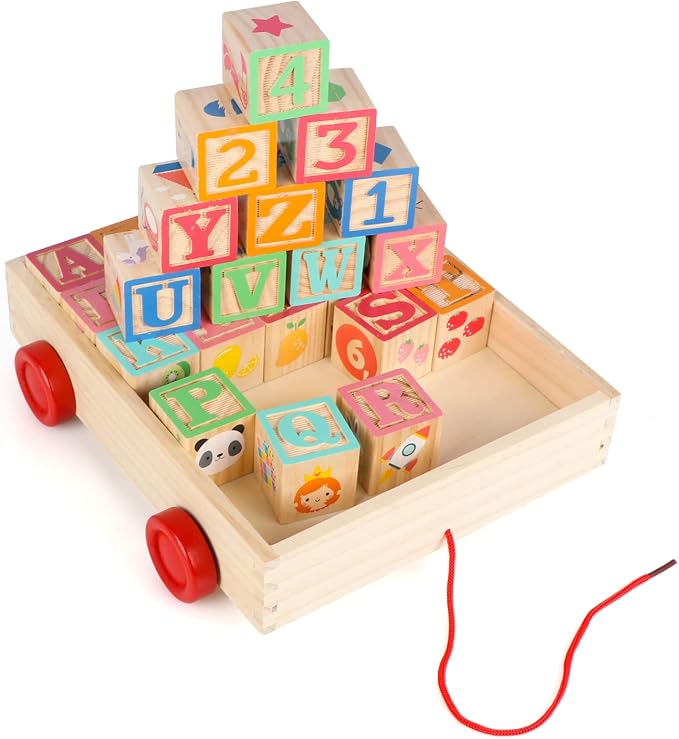 Wooden Building Blocks, Large Wood Stacking Blocks Set for Kids, 30 PCS Alphabet Blocks with Toy Wagon, Educational Wooden Toys for Boys Girls Gifts 1.65"