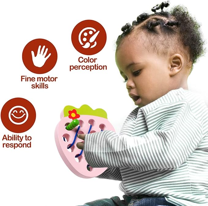 Wooden Lacing Toys for Kids,Strawberry Threading Learning Fine Motor Skills,Montessori Sensory Educational Wooden Pattern Block Puzzle Travel Gift for 3 Years Old Baby Boys Girls