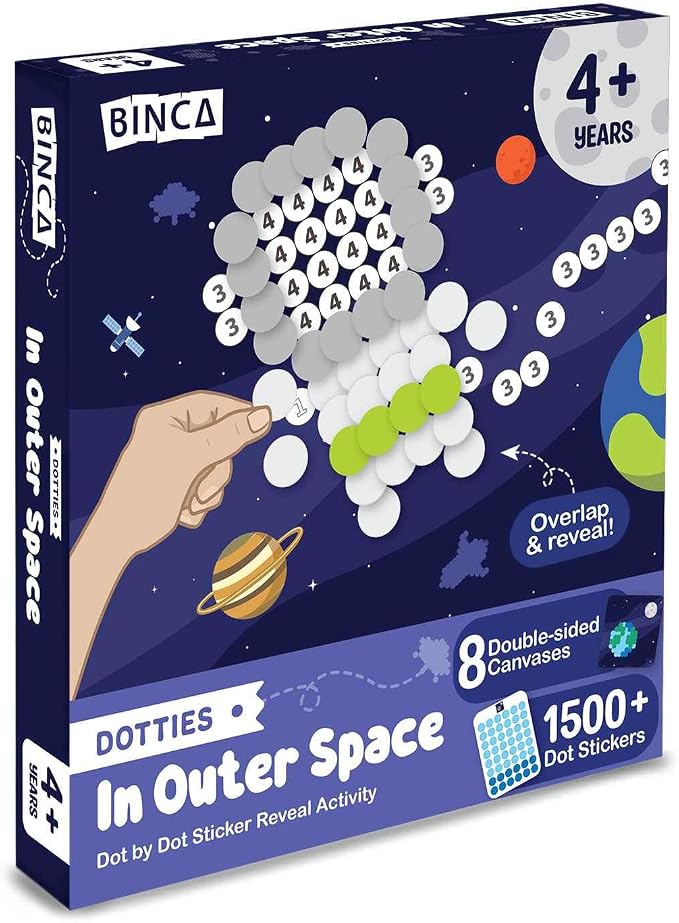 BINCA Dotties Dot Art Activity Kit - Space, 1500+ Stickers, Mess-Free Activities, DIY Dot Sticker Art, Kids Travel Activities, Gifts for Boys & Girls Ages 4,5,6,7