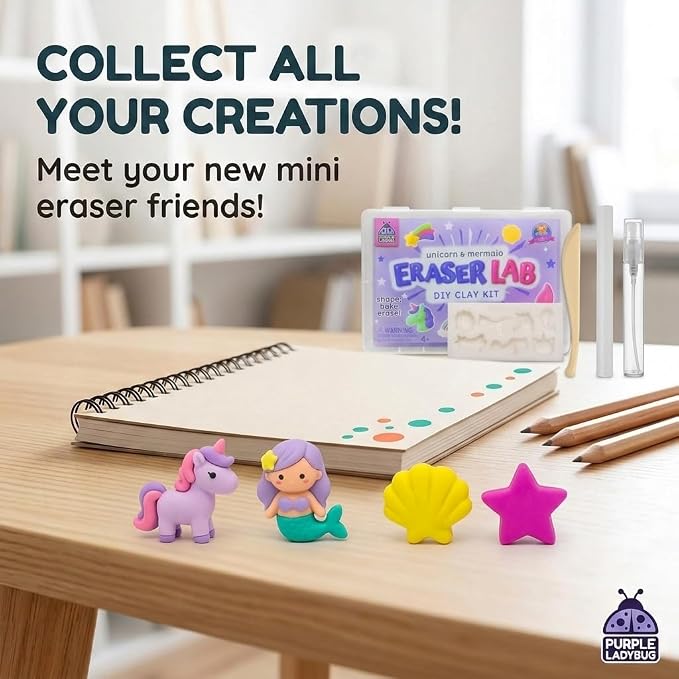 Eraser Lab Mermaid & Unicorn Eraser Making Kit for Kids 4-12 | Birthday Gift for Girls Ages 5-10, DIY Clay Eraser Kit, Gift for 7 Year Old Girl, Back to School Supply