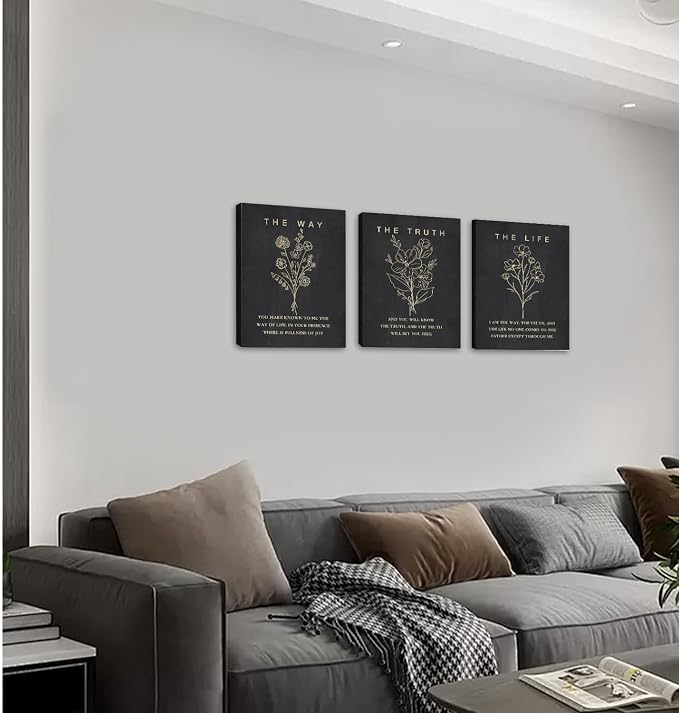 HOURIA Framed Boho Floral Christian Bible Verse Canvas Wall Art Set,12”*16”Inch The Way The Truth The Life Scriptures Poster Black Minimalist Botanical Flower Bible Wall Decor for Living Room Bedroom