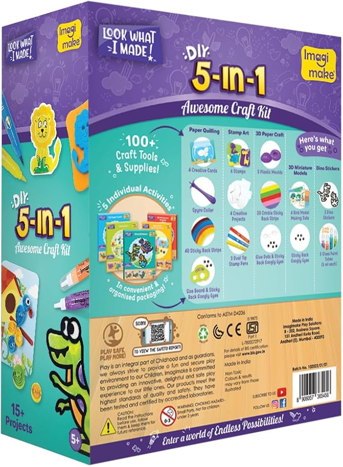 Imagimake 5-in-1 Awesome Craft Kit | Includes 15+ Projects | Crafts for Kids Ages 4-8 | 5 to 7 Year Old Girl Birthday Gifts | Arts and Crafts for Kids Ages 6-8 | 6 Year Old Girl Birthday Gift