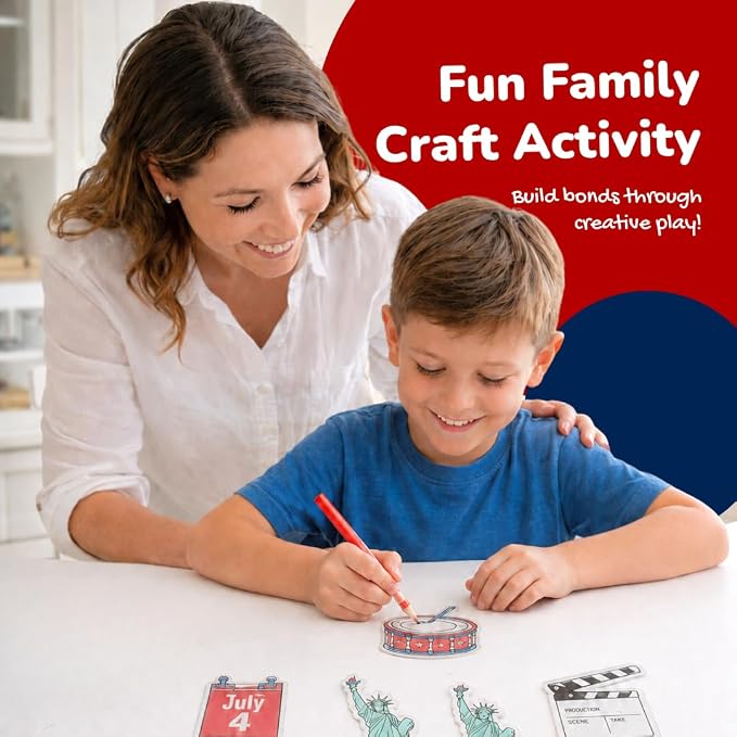 Shrink Art Keychain Kit for Kids - 40 Pre Cut USA Charms to Color & Bake | Kids color 40 pre-cut USA shrink plastic charms, bake & shrink them into keychains & bag tags - 10 colored pencils included