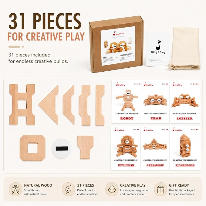 Montessori Wooden Building Blocks for Kids 3-8, Extra Large 4.4" Beech Wood Stacking Blocks, 31 PCS Open-Ended Learning Toy, Natural Wooden Shape Blocks for Creative Building, Quiet Play