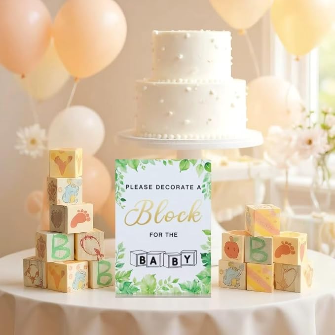 156-Piece Baby Shower Building Block Game Set, featuring 58 plain wooden blocks, 48 markers, 48 templates, 1 game instruction card, and 1 storage box—specially designed for parties (Leaves Theme)