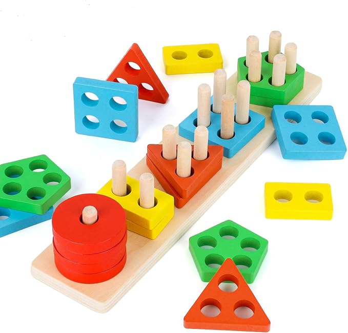 LovesTown Stacking and Sorting Learning Puzzles, Montessori Wooden Sensory Toys for Toddlers, 20 PCS (Pack of 2)