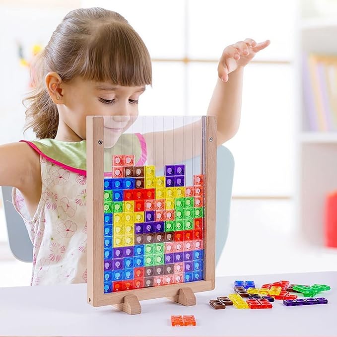 Building Blocks Puzzle Game Toy, Plastic Brain Teaser Toys with Vertical Wood Frame, Russian Stacking Toys for Kids Early Educational Games Montessori Toys for Boys & Girls