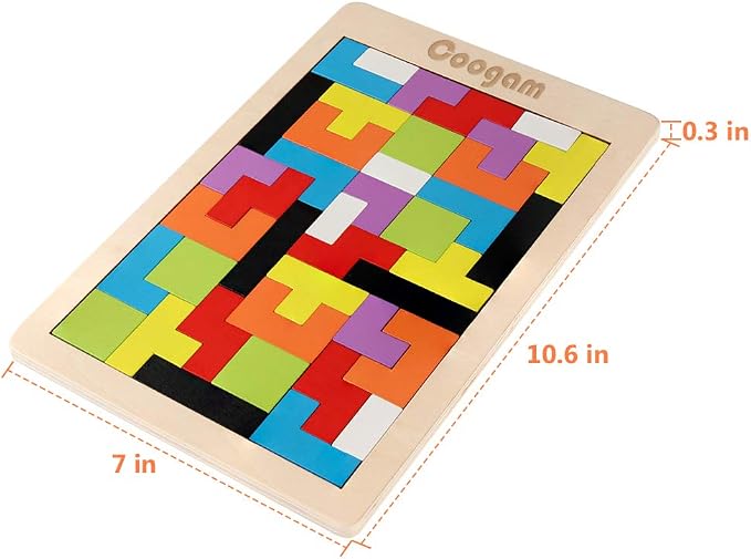 Coogam Wooden Blocks Puzzle Brain Teasers Toy Tangram Jigsaw Intelligence Colorful 3D Russian Blocks Game STEM Montessori Educational Gift for Kids (40 Pcs) | Wooden Puzzle Box Brain Game Building Block Intelligence Educational Gift for Toddlers