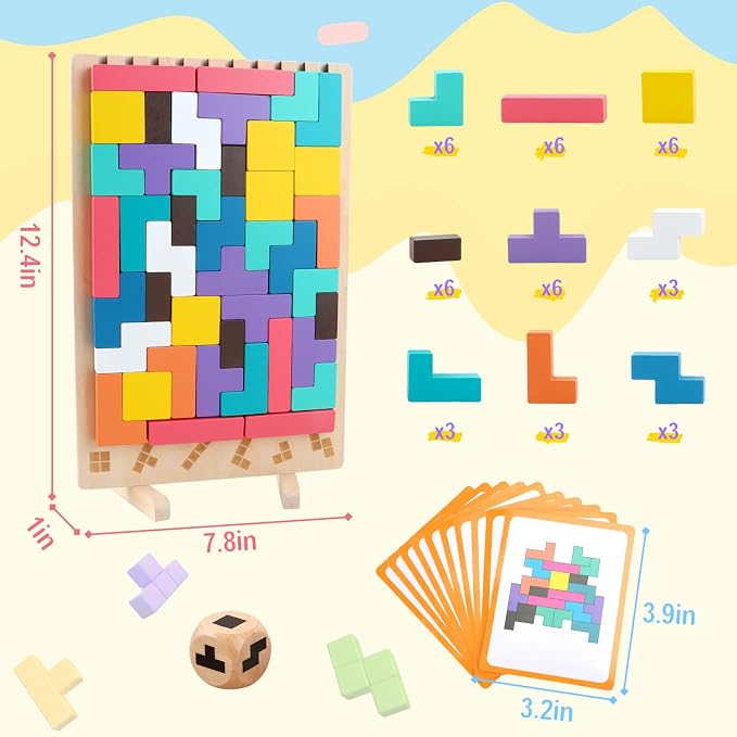 JONEG Games for 3+ Year Olds Kids- Wooden Stacking Puzzles - Brain Teasers 3D Russian Blocks Board - STEM Montessori Toys for Ages 3 4 5 6 7 10 - Gift for Toddlers Classroom Travel
