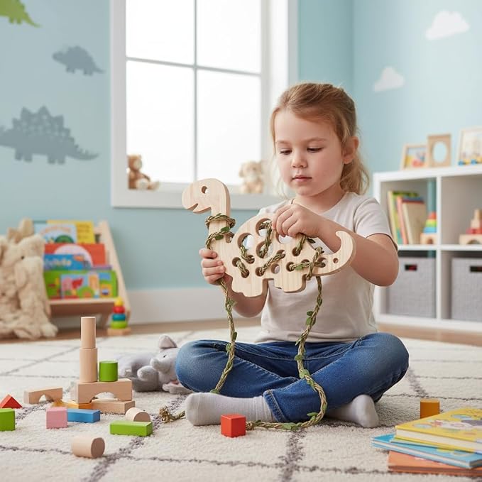 Eray Montessori Dinosaur Lacing Toy for Kids Ages 3-6, Wooden Threading Toy for Fine Motor Skills, Travel Quiet Toy with Colorful Laces, Preschool Learning Activities