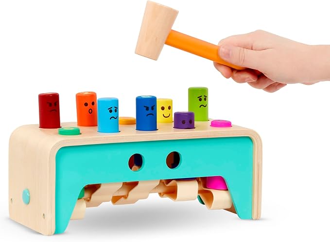 Battat Wooden Pounding Bench Toy with Mallet, Pound & Count Bench | Wooden pounding bench with 10 colorful pegs and 1 mallet for numbers, colors, and emotions; side mallet storage; 1+ Years