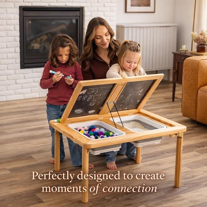 Montessori Sensory Table & Art Easel for Kids & Toddlers | Folding Extendable Legs & Storage Bins, Magnetic Boards & Tiles, Light Box Included | Space-Saving Indoor/Outdoor Play
