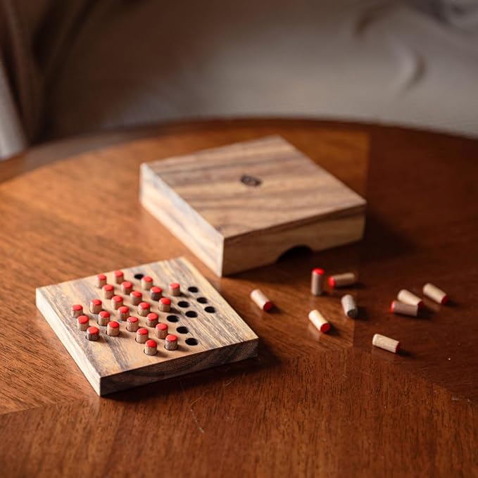 Wood Solitaire Game Classic Peg Solitaire Board Premium Wooden Design Single Player Brain Teaser Strategy Puzzle for Brain Training Tabletop Indoor (Jump All but one)