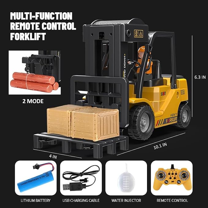 1:24 RC Forklift, 2 in 1 Transform Lift Fork & Hook, Kids Forklift Toy with Light & Sound & Spray, 11 Channel Remote Control Forklift, Construction Vehicles Toy Gift for Kids 6+