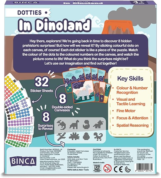 BINCA Dotties Dot Art Activity Kit, 1500+ Stickers, 8 Dinosaurs Mess-Free Activities, DIY Dot Sticker Art, Kids Travel Activities, Gifts for Girls Ages 4,5,6,7