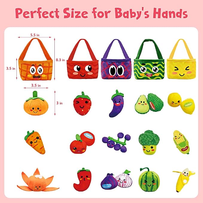 Play Food for Toddlers 1-3, Plush My First Fruit Vegetables Basket Color Sorting Rattle, Squeaker & Crinkle Play Food Set for Kitchen Baby Sensory Toys Easter Basket Stuffers Birthday Gifts 20PCS