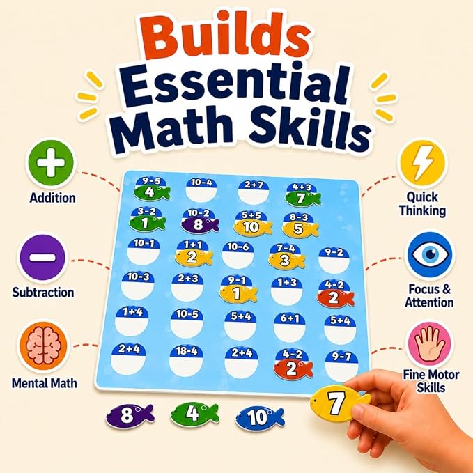 Pidoko Kids Purrfect Math | Math Games for Kids Ages 5+ | Addition and Subtraction Magnetic Fish Game
