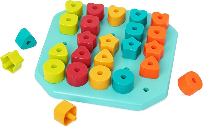 Battat Toddler, Count & Match Stacking Pegboard Toy | 31-piece set with 1 pegboard, 25 colorful pegs, and 5 matching cords for stacking, lacing, counting, and matching, 2+ Years