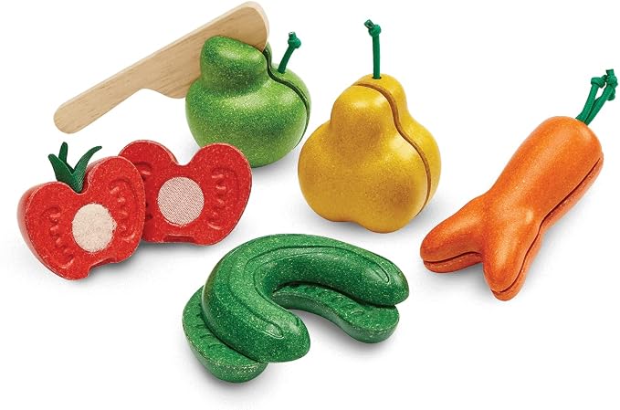 Plan Toys 3495 Wooden Toy, Wood | slicing, knife, tray, fruits and vegetables toys, pretend food, girls, boys, fine motor role play, social gift preschool