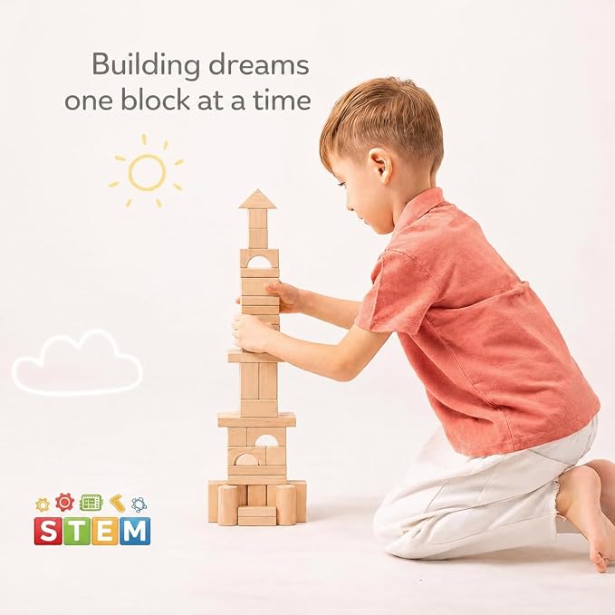 100 Pcs Wooden Blocks for Toddlers 1-3, Kids Building Blocks & Shape Sorter | Natural Beech Wood - Bucket for Easy Storage - Montessori Toys for 1 2 3 Year Old, Learning Toys for Preschool Girls and Boys