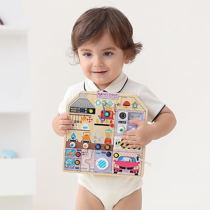 JAUNTY Kitchen Busy Board Toy for 3 4 5 Years Old, Wooden Sensory Toys Montessori 3-5 Toddler Girls Toy with Sound, Learning Kitchen Toys Great 1st First Birthday Gift for Girls Boys