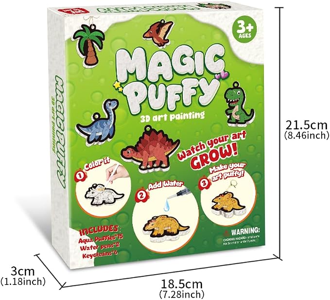 Richgv Magic Aqua Puffs, 3D Art Kit, Dinosaur, Mess-Free Paint by Number Craft for Kids, DIY Color & Inflate Activity, Travel & Creative Gift for Girls & Boys Ages 4, 5, 6, 7, 8, 9, 10