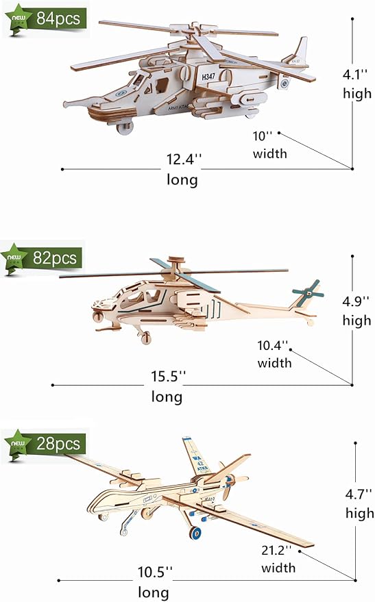 3D Wooden Aircraft Puzzle, 6 Piece Set Aircraft & Helicopter DIY Assembly Build Model Kits, Wood Crafts STEM Brain Teaser Puzzles, 3D Puzzle for Adults & Teens Xmas Birthday Gifts