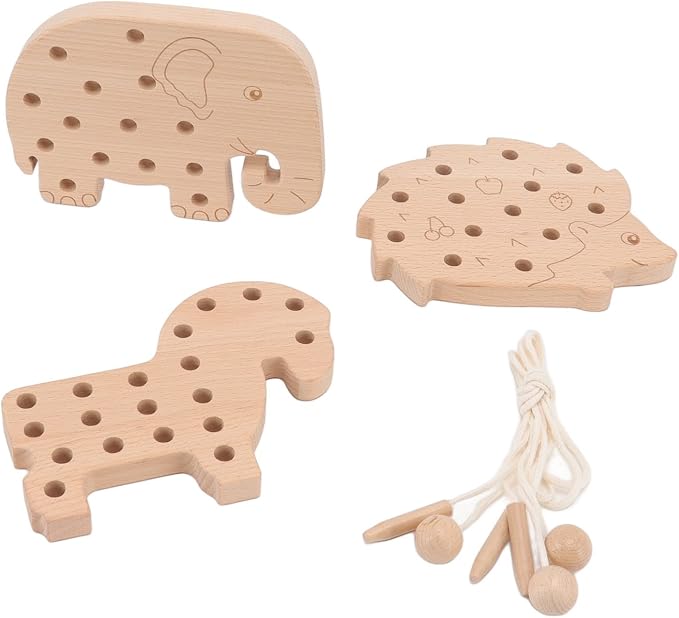 Fabater Wooden Lacing Toy for Toddlers - Animal Style Threading Toy, Safe Beech Wood Lace Block, Fine Motor Skill Early Education, 3-Pack Learning for Kids