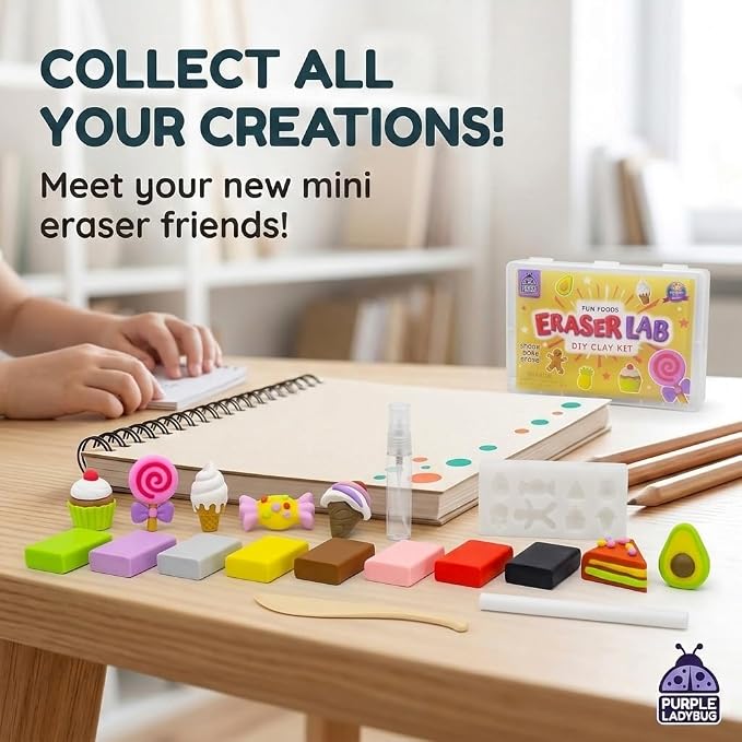 Eraser Lab DIY Clay Kit, Food-Themed, Kids Aged 4+ | 8 Clay Colors, Mold Tray & Shaping Tool, Creative Activity for Boys & Girls, Birthday Gifts