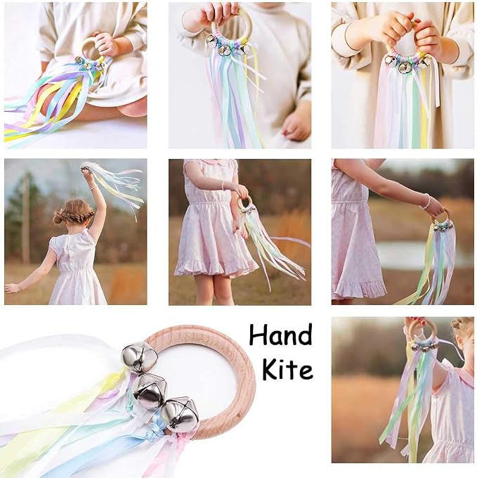 TANOFAR Montessori Hand Kite | Baby Sensory Ribbon Toy | Waldorf Wooden Toys for Toddlers | Rainbow