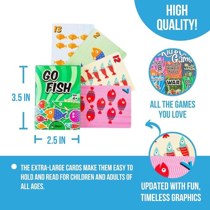 Regal Games Card Games for Kids - Go Fish, Crazy 8's, Old Maid, Slap Jack, Garbage Monsters, War - Simple & Fun Classic Family Table Game Sets (3 x 6)