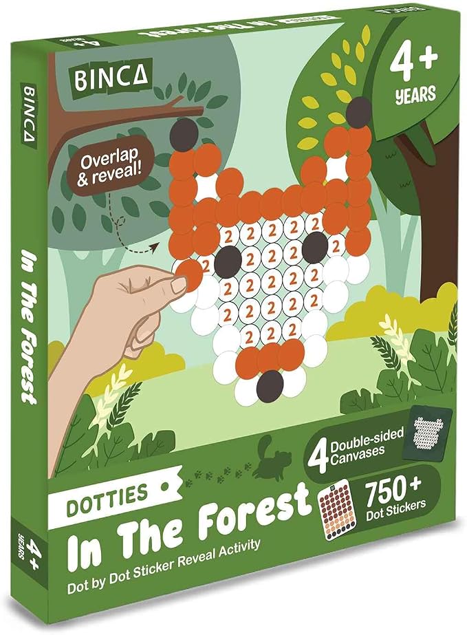 BINCA Dotties Dot Art Activity Kit, 750+ Stickers, Forest Animals Mess-Free Activities, DIY Dot Sticker Art, Kids Travel Activities, Gifts for Boys & Girls Ages 4,5,6,7