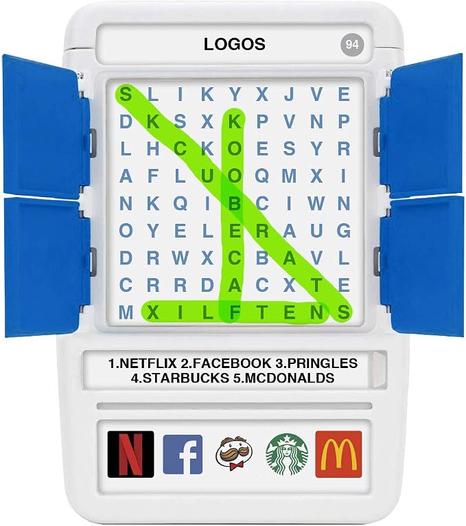 Word Search Travel Game - 100 Puzzles with Picture Clues | 50 Wipe Clean Cards with Slide Reveal case and Pen | Activity, Gift, Stocking Stuffer | for Kids and Adults, Age 6+