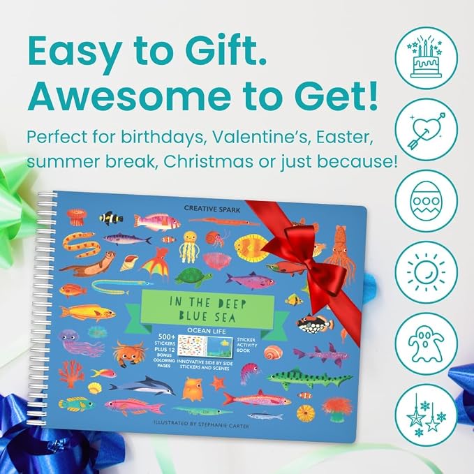 Cupkin Ocean Coloring & Sticker Activity Book | 500+ Stickers | Spiral-bound kids craft format with 12 scenes, 12 art pages, side-by-side viewing, and an easy-peel design for ages 2–8