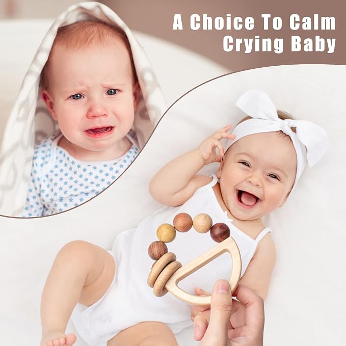 Baby Rattles 0-6 Months, Wooden Toys for Babies 6-12 Months | Montessori Wood Color Baby Rings for Newborn 0 3 6 12 Month, Sensory Development, Toddler Toys