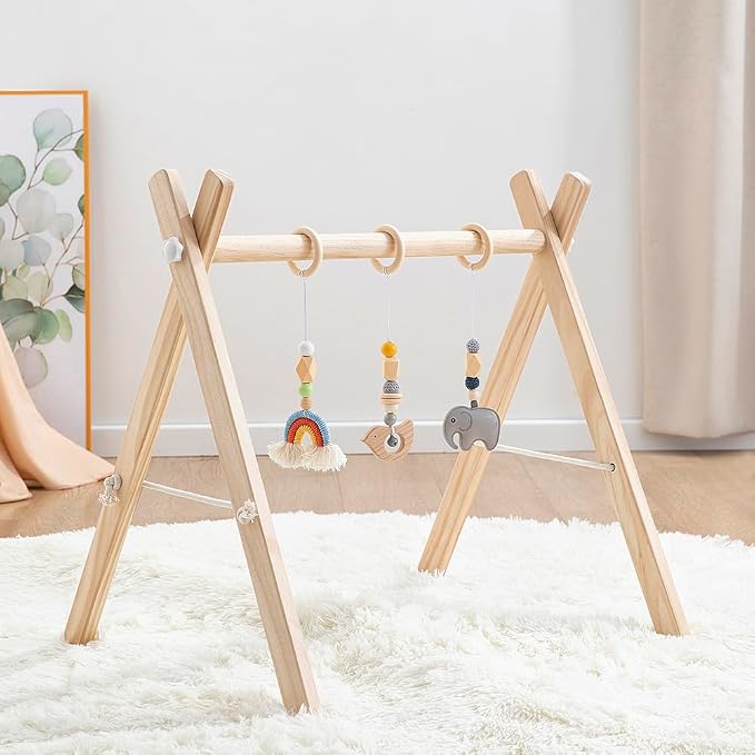 Wooden Baby Play Gym, Foldable Baby Activity Gym Frame with 4 Hanging Sensory Toys, Montessori Newborn Tummy Time Play Gym, Natural Wood Baby Gym for Infant Nursery Decor, Baby Shower Gift | 4 Sensory Hanging Toys, Montessori, Infant Activity Frame, 0-...