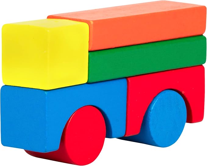 Right Track Toys Wooden Blocks - 100 Pc Wood Building Block Set with Carrying Bag (Rainbow Colored)- 100% Real Wood in 7 Colors and 14 Shapes - Stack, Build and Store- Fun Gift, Back to School Project