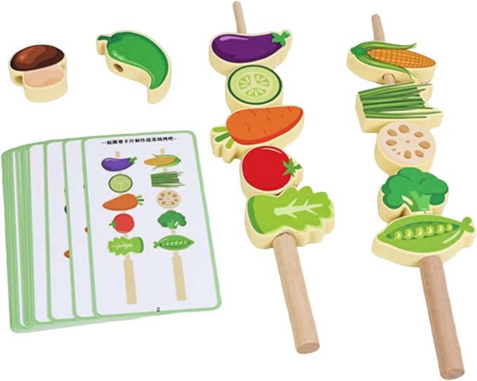 Simhoa Children Cognitive Game Fruit Lacing Beads Threading Toy Stacking Blocks Matching Cards Wooden Educational Set for Hand Eye Coordination and Pattern, Vegetable Skewers