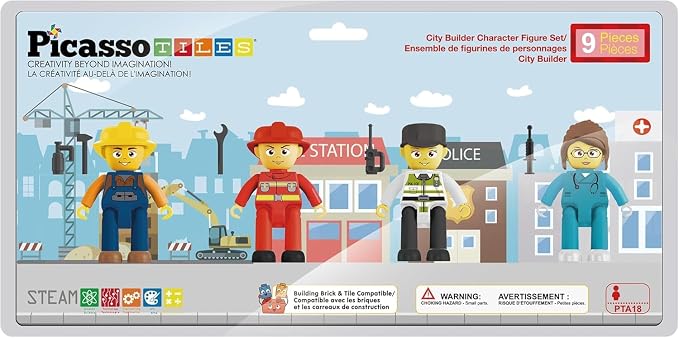 Picasso Toys Magnetic Character Action Figures 4 Piece for Building Block Tile Toddler Toy Set Magnet Expansion Pack Age 3 and up Fireman, Nurse, Police, Constructions Learning Pretend Playset PTA17