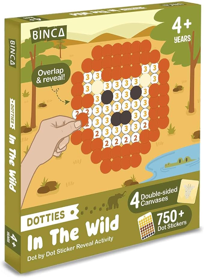 BINCA Dotties Dot Art Activity Kit, 750+ Stickers, Wild Animals Mess-Free Activities, DIY Dot Sticker Art, Kids Travel Activities, Gifts for Boys & Girls Ages 4,5,6,7